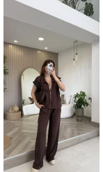 Gold Detaylı Paraşüt Kumaşlı Yelek Eşofman Takım - Kahverengi - Kod: 4110