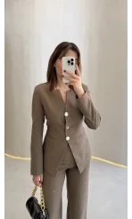 Sim ve Pul Detay Bağcıklı Ceket Pantolon Takım - Kahve - Kod: 80322