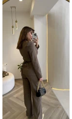 Sim ve Pul Detay Bağcıklı Ceket Pantolon Takım - Kahve - Kod: 80322