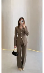 Sim ve Pul Detay Bağcıklı Ceket Pantolon Takım - Kahve - Kod: 80322