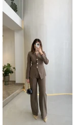 Sim ve Pul Detay Bağcıklı Ceket Pantolon Takım - Kahve - Kod: 80322