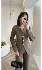 Sim ve Pul Detay Bağcıklı Ceket Pantolon Takım - Kahve - Kod: 80322