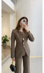 Sim ve Pul Detay Bağcıklı Ceket Pantolon Takım - Kahve - Kod: 80322