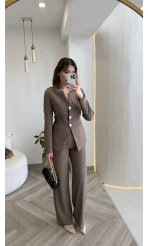 Sim ve Pul Detay Bağcıklı Ceket Pantolon Takım - Kahve - Kod: 80322