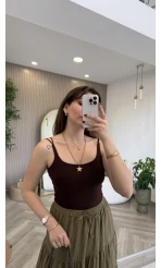 Çift Askılı Pedli Crop Body - Kahve - Kod: 01406