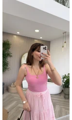 Çift Askılı Pedli Crop Body - Pembe - Kod: 01406