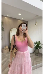 Ajur Şerit Detay Bürümcük Etek - Pembe - Kod: 5056