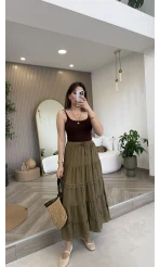 Ajur Şerit Detay Bürümcük Etek - Haki - Kod: 5056