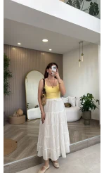 Ajur Şerit Detay Bürümcük Etek - Ekru - Kod: 5056