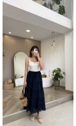 Ajur Şerit Detay Bürümcük Etek - Lacivert - Kod: 5056