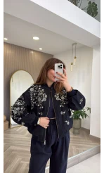 Premium Taş Pul Detaylı Pamuklu Ceket - Lacivert - Kod: 99927