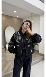 Premium Taş Pul Detaylı Pamuklu Ceket - Lacivert - Kod: 99927