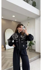 Premium Taş Pul Detaylı Pamuklu Ceket - Lacivert - Kod: 99927