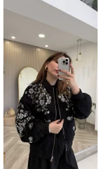 Premium Taş Pul Detaylı Pamuklu Ceket - Siyah - Kod: 99927