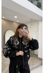 Premium Taş Pul Detaylı Pamuklu Ceket - Siyah - Kod: 99927