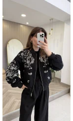 Premium Taş Pul Detaylı Pamuklu Ceket - Siyah - Kod: 99927
