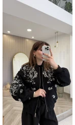 Premium Taş Pul Detaylı Pamuklu Ceket - Siyah - Kod: 99927