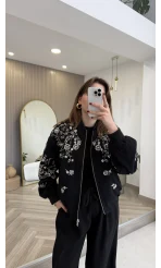 Premium Taş Pul Detaylı Pamuklu Ceket - Siyah - Kod: 99927