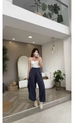 Yırtmaçlı Şalvar Pantolon - Mavi - Kod: 51147