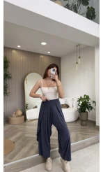 Yırtmaçlı Şalvar Pantolon - Mavi - Kod: 51147