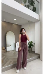 Menessa Bol Paça Beli Lastikli Pantolon - Gül Kurusu - Kod: 3720