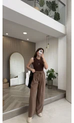 Menessa Bol Paça Beli Lastikli Pantolon - Vizon - Kod: 3720