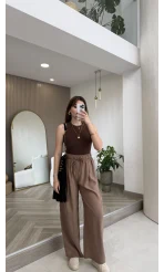 Menessa Bol Paça Beli Lastikli Pantolon - Vizon - Kod: 3720