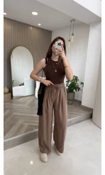 Menessa Bol Paça Beli Lastikli Pantolon - Vizon - Kod: 3720