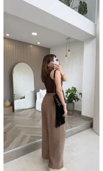 Menessa Bol Paça Beli Lastikli Pantolon - Vizon - Kod: 3720