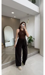 Menessa Bol Paça Beli Lastikli Pantolon - Acı Kahve - Kod: 3720