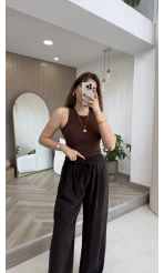 Menessa Bol Paça Beli Lastikli Pantolon - Acı Kahve - Kod: 3720