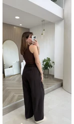 Menessa Bol Paça Beli Lastikli Pantolon - Acı Kahve - Kod: 3720