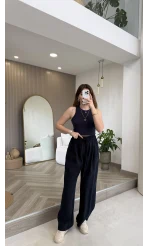 Menessa Bol Paça Beli Lastikli Pantolon - Lacivert - Kod: 3720