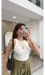 Halter Yaka Göğüs Pedli Crop Body - Ekru - Kod: 5044