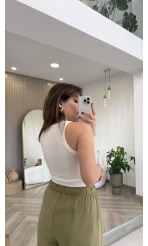 Halter Yaka Göğüs Pedli Crop Body - Ekru - Kod: 5044