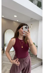 Halter Yaka Göğüs Pedli Crop Body - Bordo - Kod: 5044