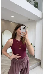 Halter Yaka Göğüs Pedli Crop Body - Bordo - Kod: 5044