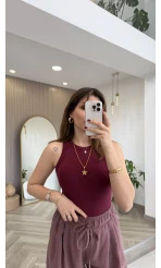 Halter Yaka Göğüs Pedli Crop Body - Bordo - Kod: 5044