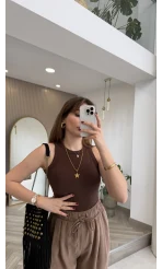 Halter Yaka Göğüs Pedli Crop Body - Acı Kahve - Kod: 5044