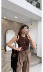 Halter Yaka Göğüs Pedli Crop Body - Acı Kahve - Kod: 5044