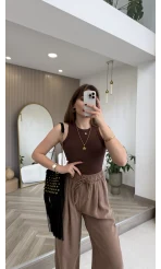 Halter Yaka Göğüs Pedli Crop Body - Acı Kahve - Kod: 5044