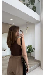 Halter Yaka Göğüs Pedli Crop Body - Acı Kahve - Kod: 5044