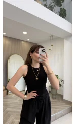 Halter Yaka Göğüs Pedli Crop Body - Siyah - Kod: 5044