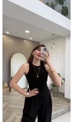 Halter Yaka Göğüs Pedli Crop Body - Siyah - Kod: 5044