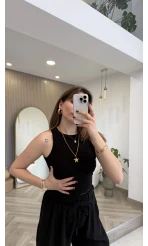 Halter Yaka Göğüs Pedli Crop Body - Siyah - Kod: 5044