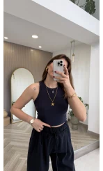 Halter Yaka Göğüs Pedli Crop Body - Lacivert - Kod: 5044