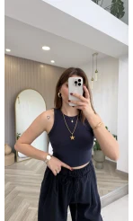 Halter Yaka Göğüs Pedli Crop Body - Lacivert - Kod: 5044