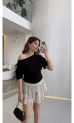 Nia Puantiye Desenli Şifon Mini Etek - Krem - 01427