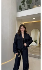 Fancy Pamuk Kumaş V Yaka Kot Denim Ceket Takım - Kod: 0956