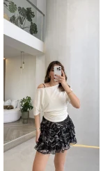 Leona Pamuk Kumaş Beli Büzgülü T-shirt - Ekru - Kod: 6996